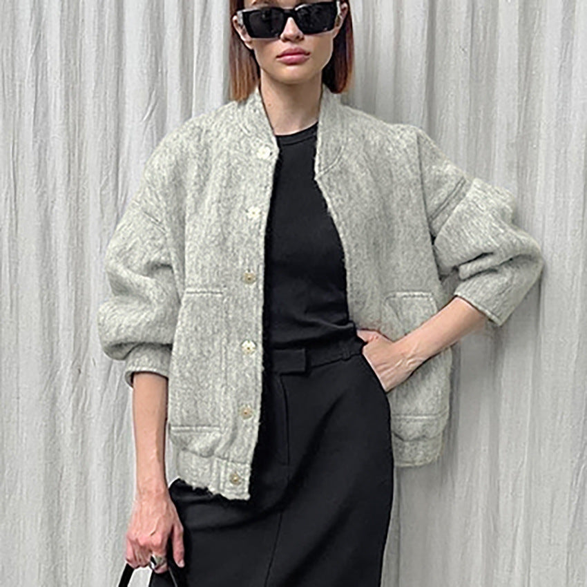 Women Trench Coat Autumn and Winter Stand Collar Baggy Coat Warm Bomber Jacket Coat