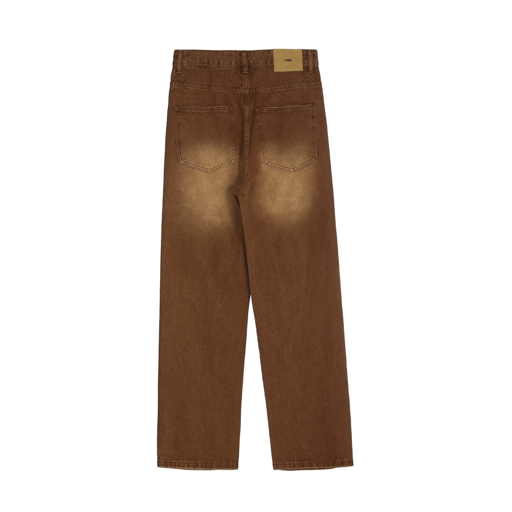 Men Jeans Ripped Distressed Loose Casual Straight Wide Leg
