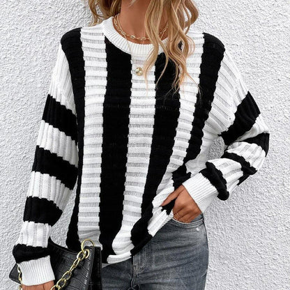 Women Knitted Sweater Spring Loose Sweater Striped Hollow out Long Sleeve Sweater Jacket