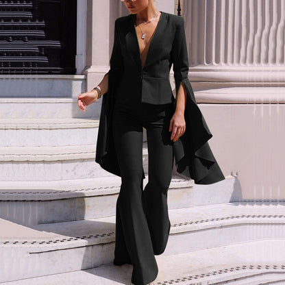 Women Trench Coat Suit Jacket Tops High Waist Big Swing Bell-Bottom Pants Two-Piece Set