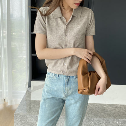 Women Knitted T-shirt Knitted Cardigan Jacket Slim Fit Short Sleeve Polo Collar Top
