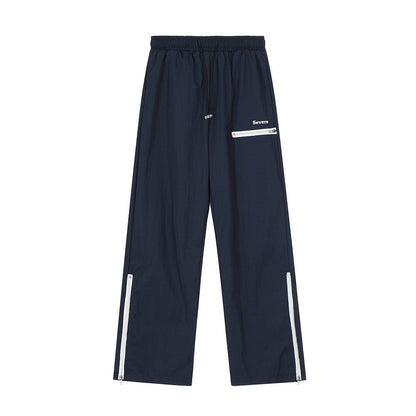 Men Sweatpants Zipper Slit Straight Casual Trousers Breathable Sports Wide-Leg Pants