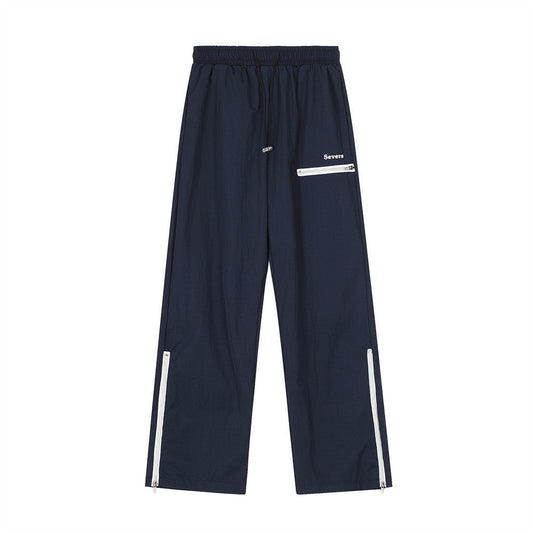 Men Sweatpants Zipper Slit Straight Casual Trousers Breathable Sports Wide-Leg Pants