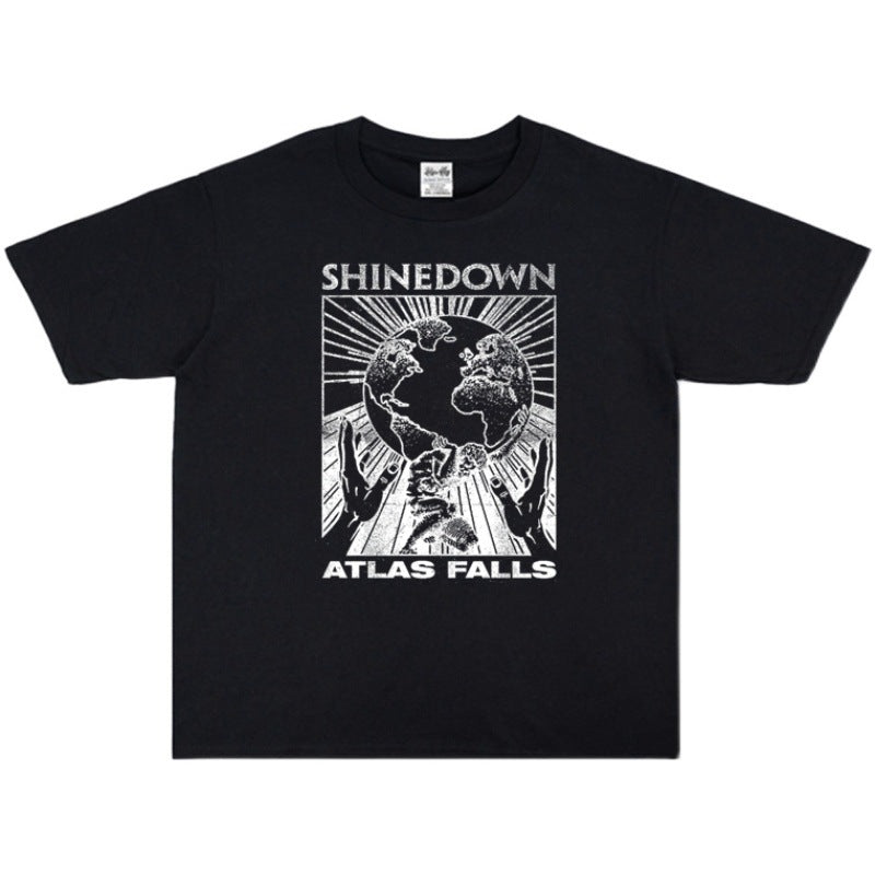 Rock Star T Shirt Falling Band Printed T-shirt Washed Distressed Short Sleeve Loose Cotton Men and Women