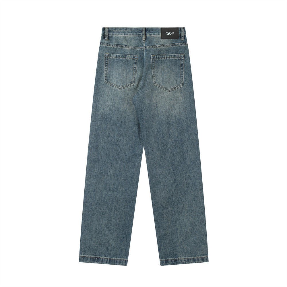 Men Jeans Worn White Old Loose Wide Leg Leisure