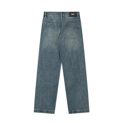 Men Jeans Worn White Old Loose Wide Leg Leisure