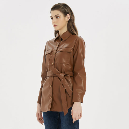 Women Leather Jacket Lapel Belt Decorative Brown Waist Brown Leather Coat Top