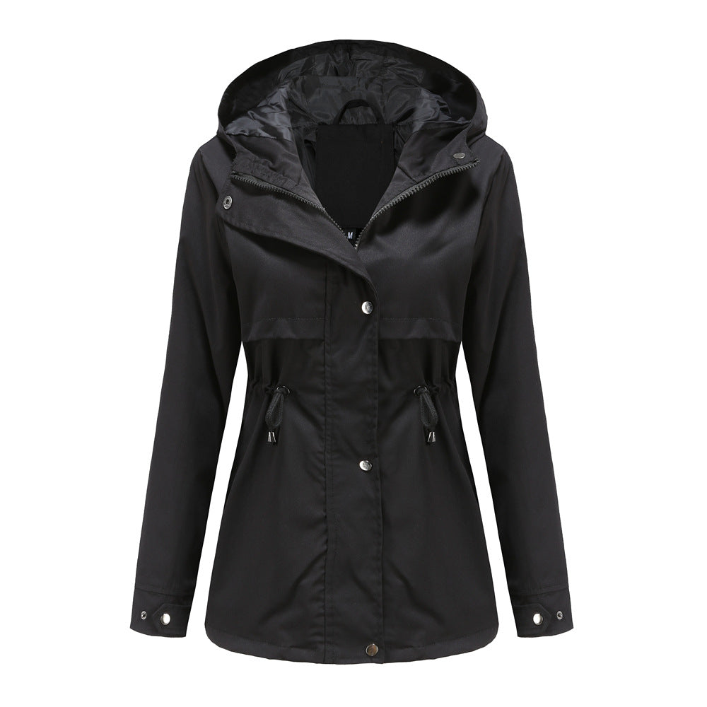 Women Trench Coat Mid-Length Hooded Jacket Long-Sleeved Raincoat