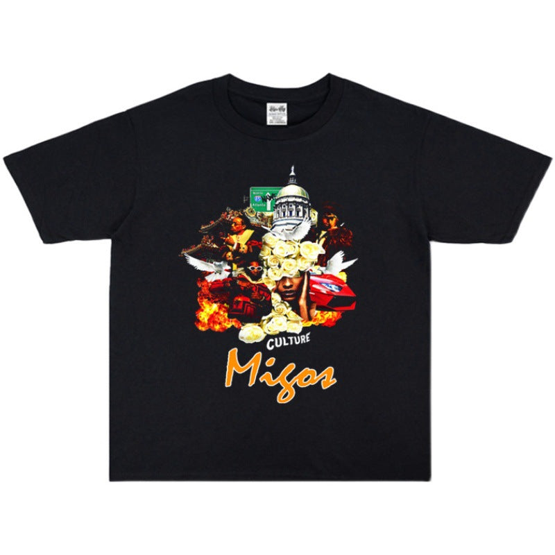 Rock Star T Shirt Polo Club American Rap Combination Mios Character Printed T-shirt Short Sleeve Loose Men and Women