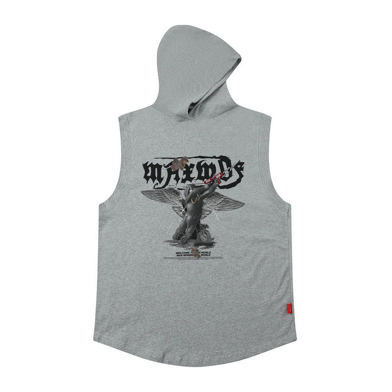 Men Vest Hooded Vest Retro Hip Hop Sleeveless T-shirt Men