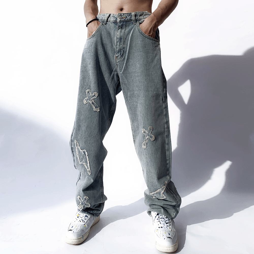 Men Jeans Cross Paste Cloth Embroidery Distressed Trendy Loose