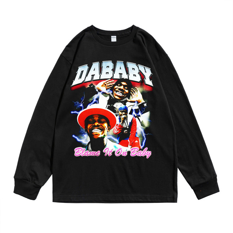 Rock Star T Shirt Dababy Character Print T-shirt Long Sleeve Loose Cotton Men and Women Casual
