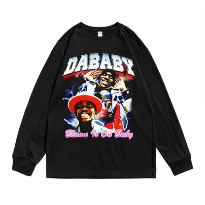 Rock Star T Shirt Dababy Character Print T-shirt Long Sleeve Loose Cotton Men and Women Casual