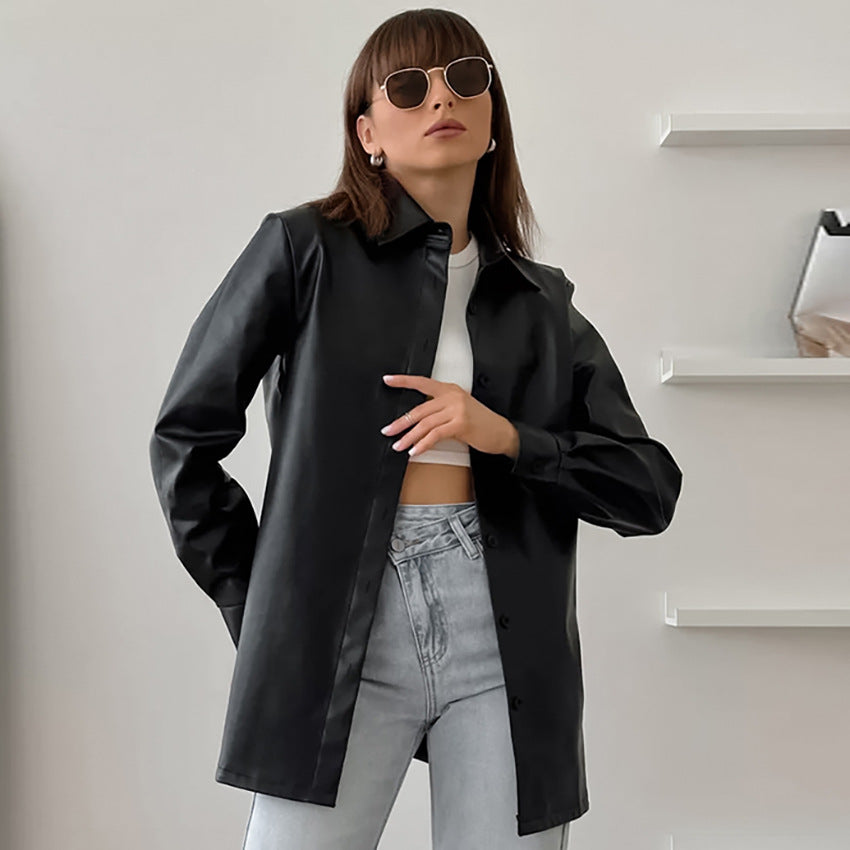 Women Trench Coat PU Leather Long Sleeve Jacket