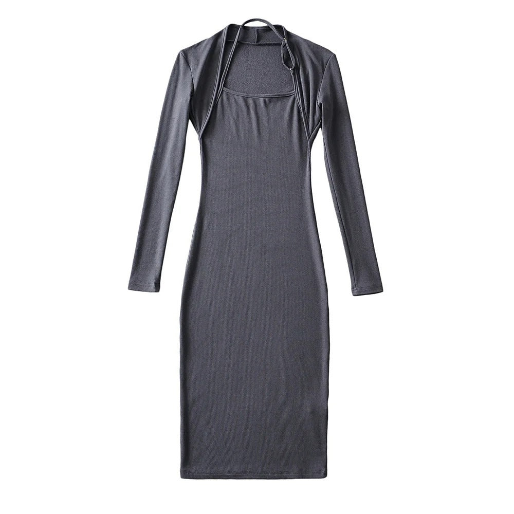 Women Dresses Fashion Fake Two Pieces Long Sleeve Stretch Dress