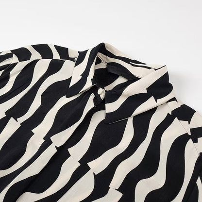 Women Tops Summer Wave Pattern Shirt Single-Breasted Mid-Length Top