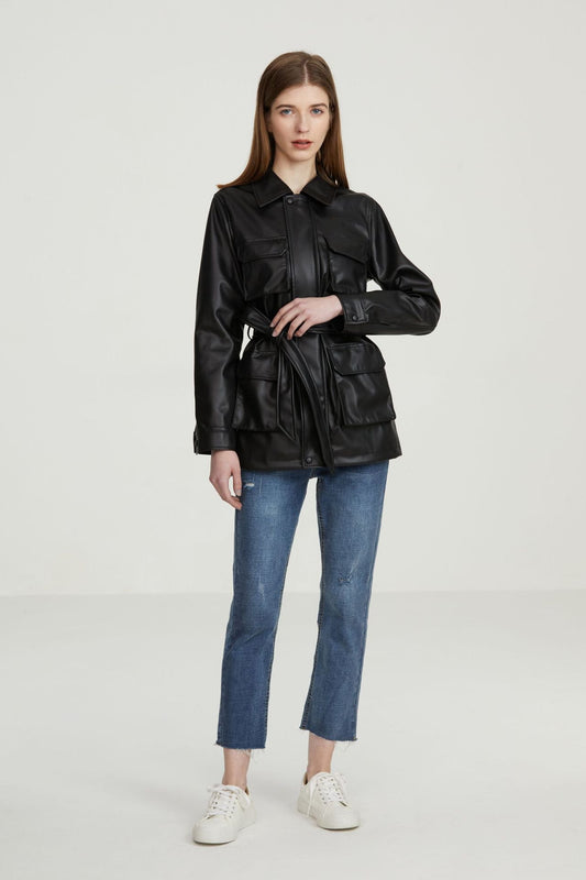 Women Leather Jacket Spring Retro Loose Black PU Leather Shirt
