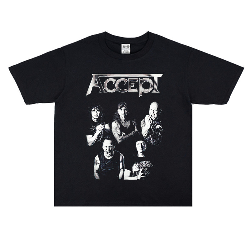 Rock Star T Shirt Band Accept Rock Accept Band Washed Distressed T-shirt Cotton Short Sleeve Loose