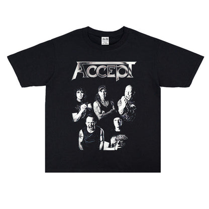 Rock Star T Shirt Band Accept Rock Accept Band Washed Distressed T-shirt Cotton Short Sleeve Loose