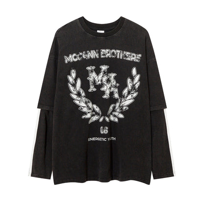 Men Long Sleeve T-Shirt Stitching Fake Two-Piece Loose Top