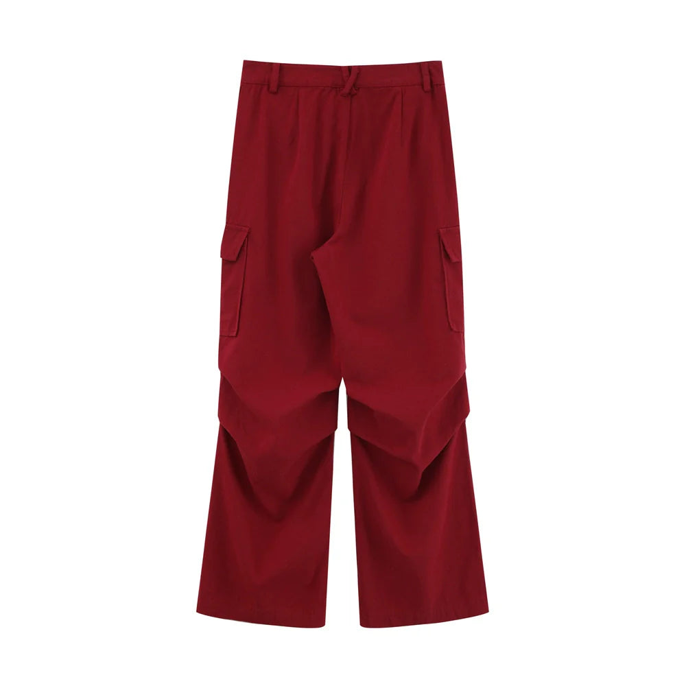 Men Sweatpants Pleated Wide Leg Straight Casual Trousers Multi-Pocket Pants
