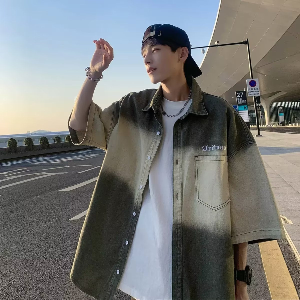 Men Shirts Gradient Color Denim Short Sleeve Shirt Summer