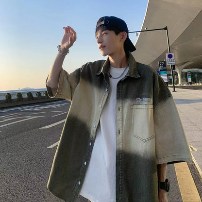 Men Shirts Gradient Color Denim Short Sleeve Shirt Summer