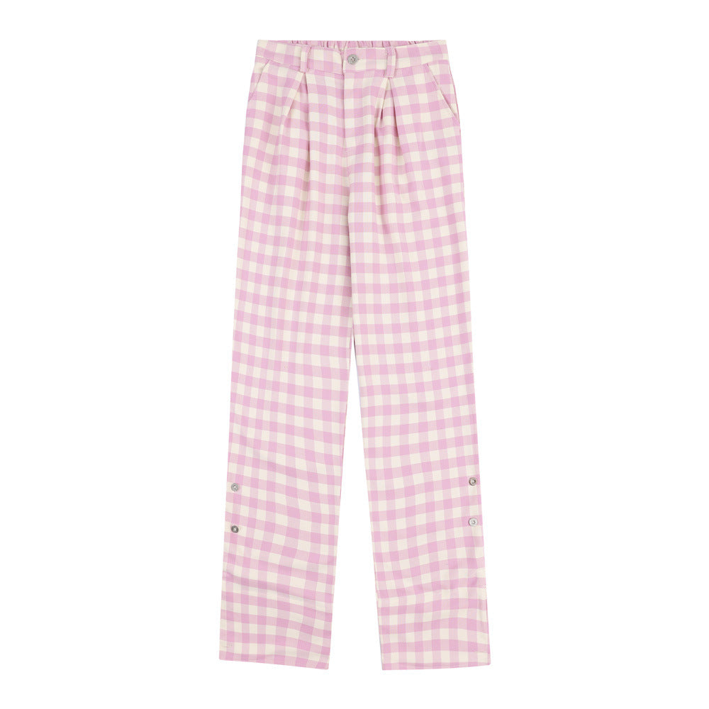 Men Sweatpants Plaid Casual Sports Trousers Button Slit Pants