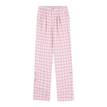 Men Sweatpants Plaid Casual Sports Trousers Button Slit Pants