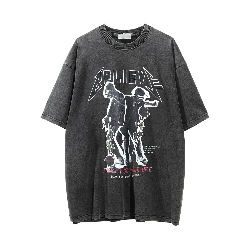 Men Vintage T-Shirt T-shirt Men's Loose Distressed Wash Crew Neck T-shirt Casual