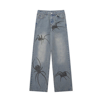 Women Pants Spider Print Straight Jeans Loose-Fitting Wide-Leg Trousers