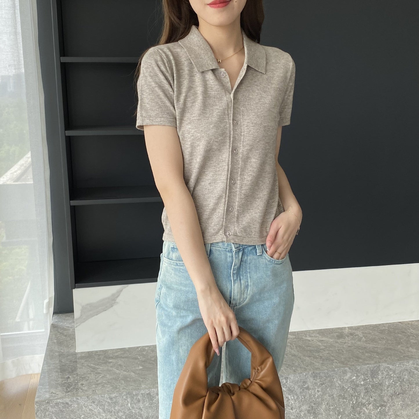 Women Knitted T-shirt Knitted Cardigan Jacket Slim Fit Short Sleeve Polo Collar Top