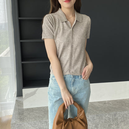 Women Knitted T-shirt Knitted Cardigan Jacket Slim Fit Short Sleeve Polo Collar Top