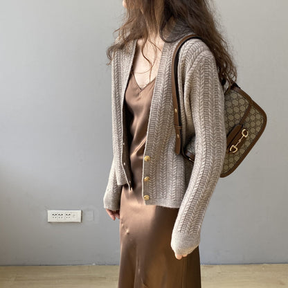 Women Cardigan Sweater Autumn Winter Retro Twist Knitted Cardigan Jacket V-neck Long Sleeve Sweater 8t3102