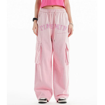 Men Sweatpants Wash Water Gradient Tie-Dye Straight-Leg Trousers Embroidery Loose Pockets Workwear Casual Pants