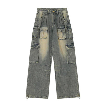 Women Pants Multi-Pocket Workwear Straight Jeans