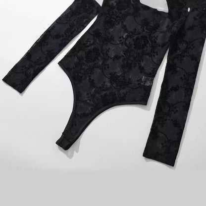 Women Tops Summer Flocking Mesh Stand Collar Jumpsuit Sexy Top
