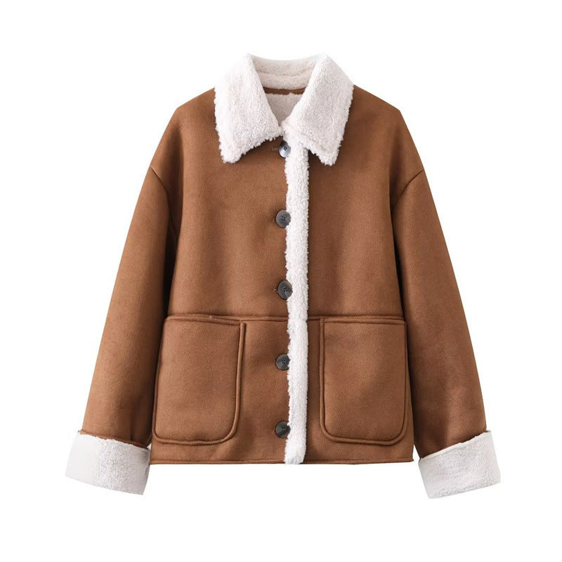 Women Cotton Coat Casual Loose Lamb Wool Fleece-lined