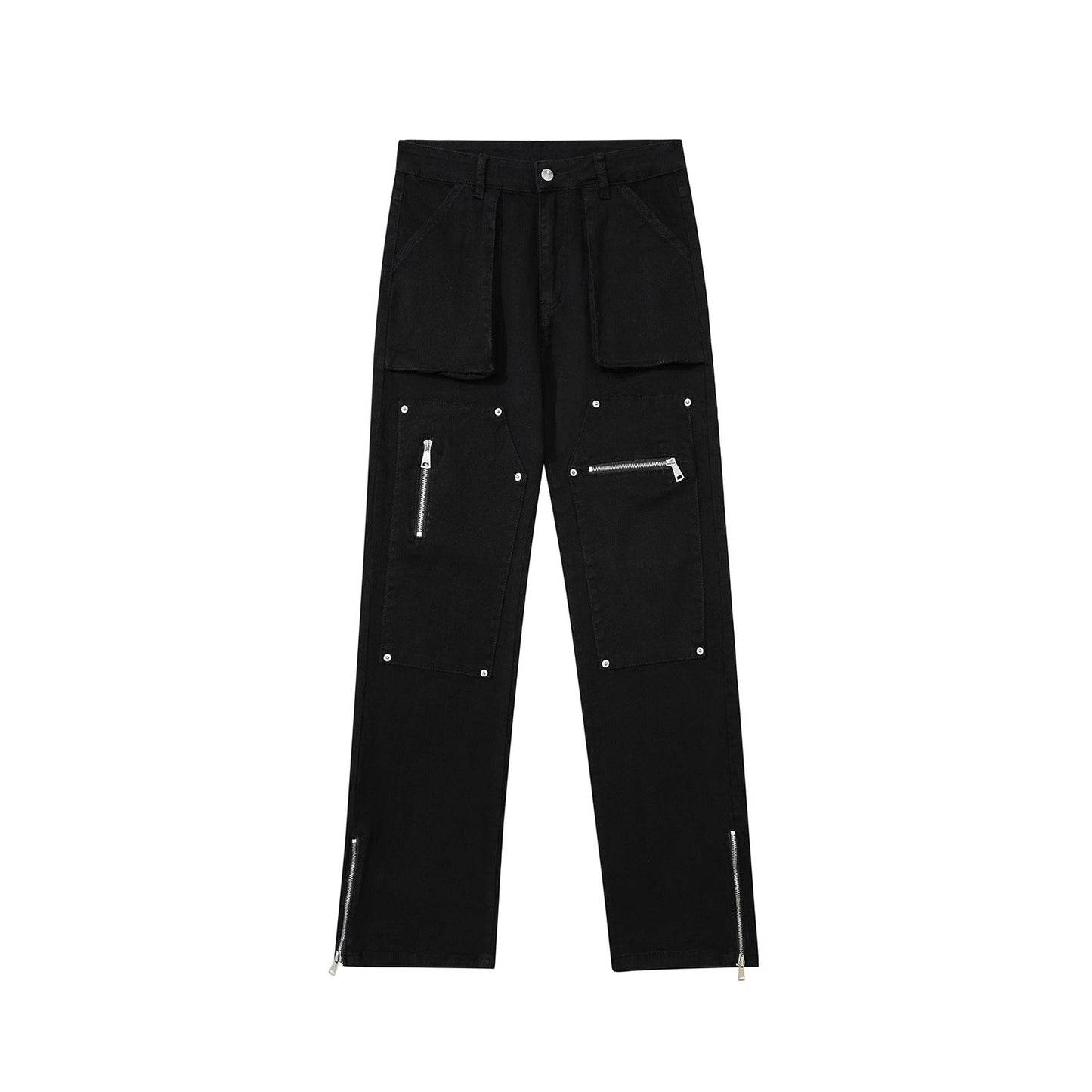 Men Sweatpants Cargo Casual Trousers Pocket Straight-Leg Pants Denim Zipper Pants
