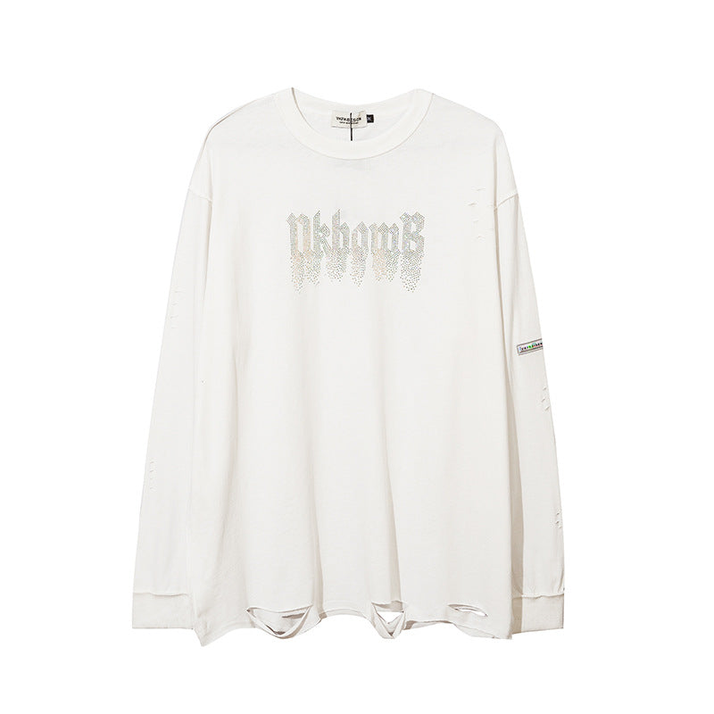 Men Long Sleeve T-Shirt Embedded Diamond Loose Cut Ripped