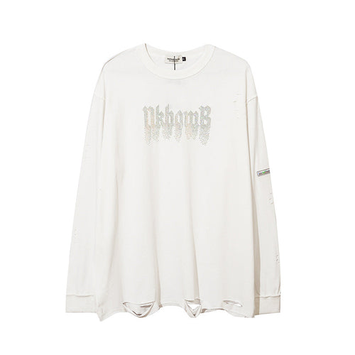 Men Long Sleeve T-Shirt Embedded Diamond Loose Cut Ripped