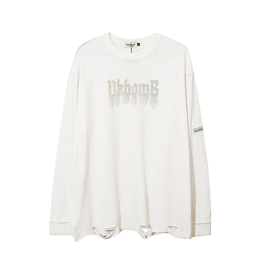 Men Long Sleeve T-Shirt Embedded Diamond Loose Cut Ripped