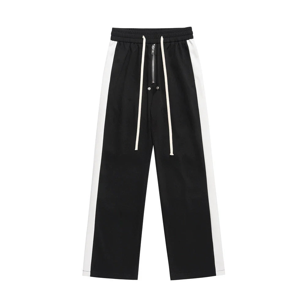 Men Sweatpants Color Matching Sports Casual Pants Zipper Elastic Waist Loose Trousers