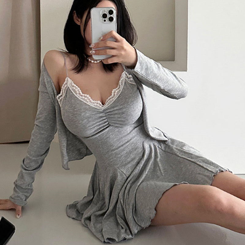 Women Dresses Lace V-neck Slip Dress Long Sleeve Jacket
