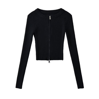 Women Tops Spring/Summer Double Zipper Knitted Cardigan Short Top