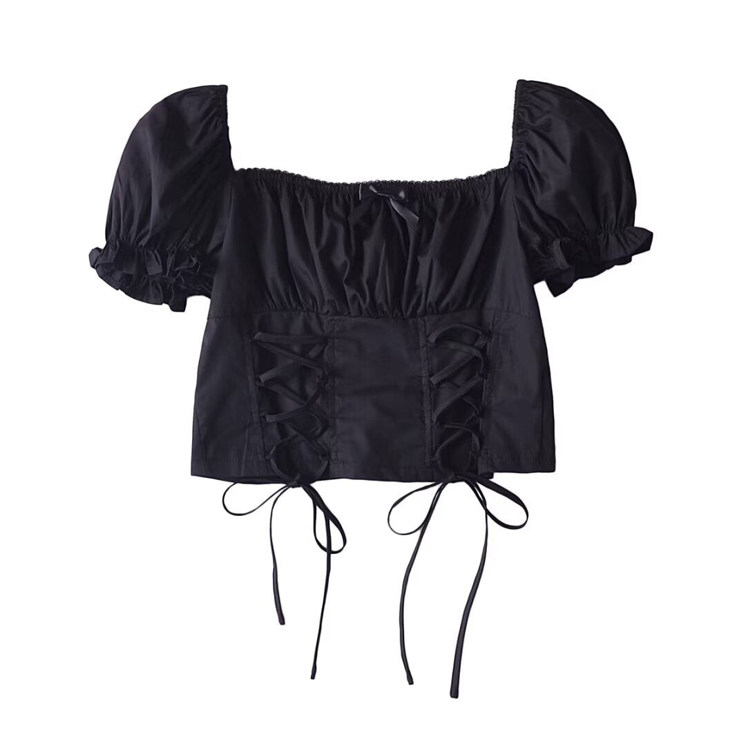 Women Tops Summer Vintage Court Style Puff Sleeve Square Collar Lace up Shirt