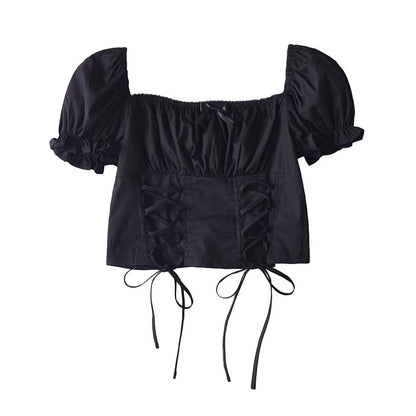 Women Tops Summer Vintage Court Style Puff Sleeve Square Collar Lace up Shirt