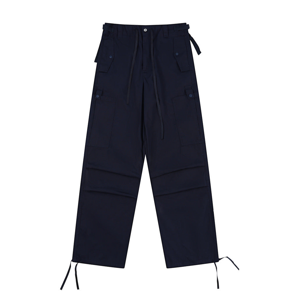 Men Sweatpants Casual Straight Trousers Loose Cargo Pleated Drawstring Ankle Banded Pants