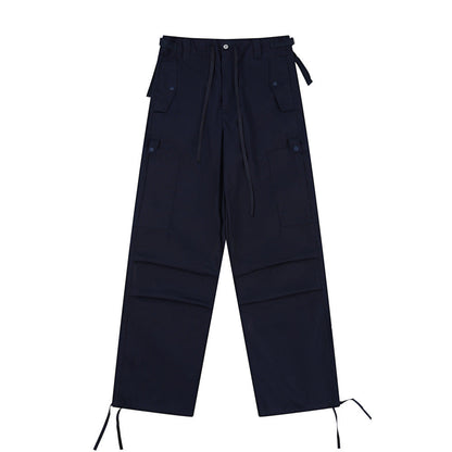 Men Sweatpants Casual Straight Trousers Loose Cargo Pleated Drawstring Ankle Banded Pants
