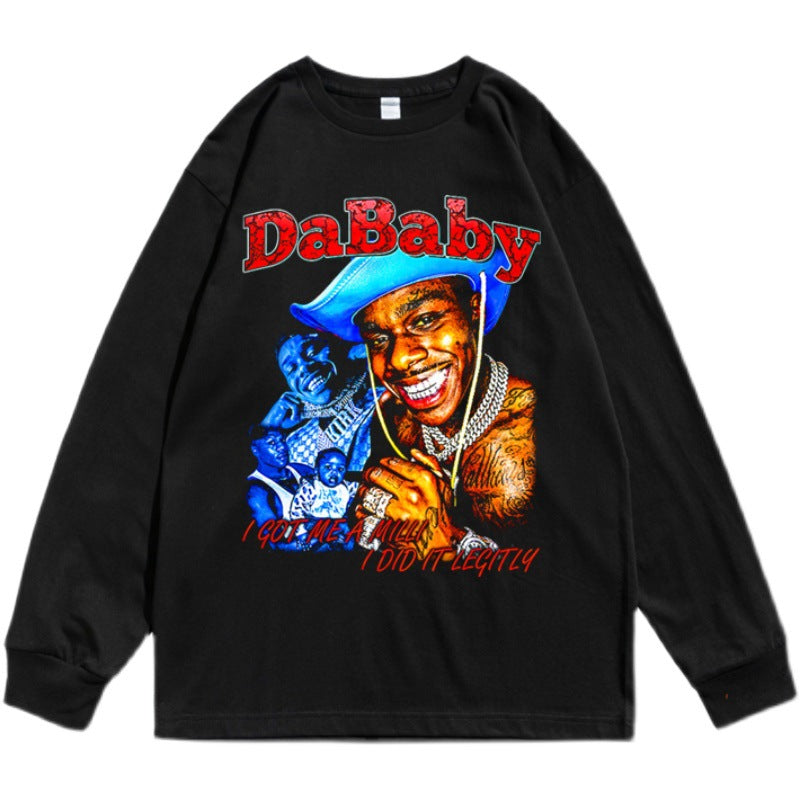 Rock Star T Shirt Dababy Character Print T-shirt Long Sleeve Loose Cotton Men and Women Casual